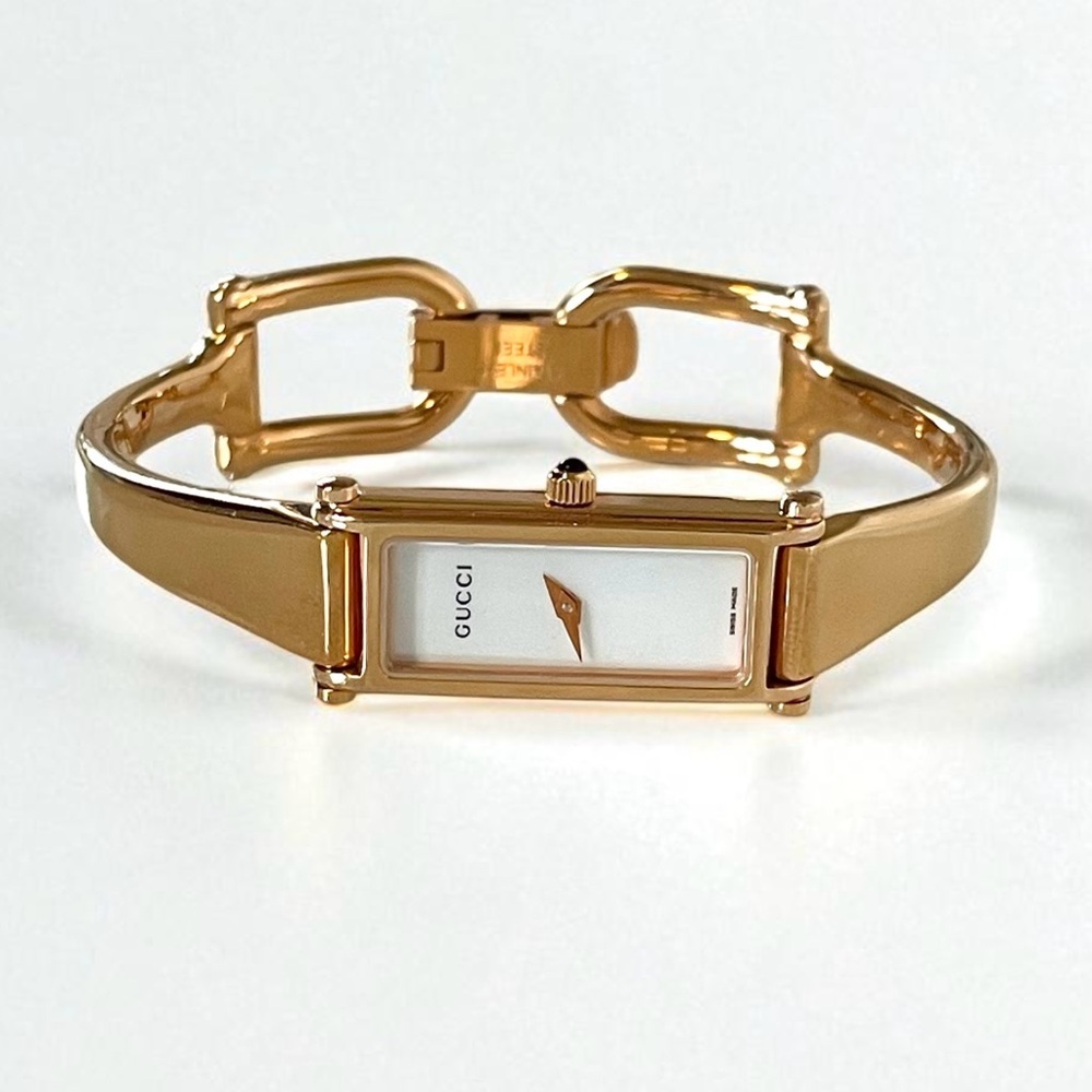 Vintage Gucci Watch – Pink Gold Bangle, Mother of Pearl Dial, Model 1500L